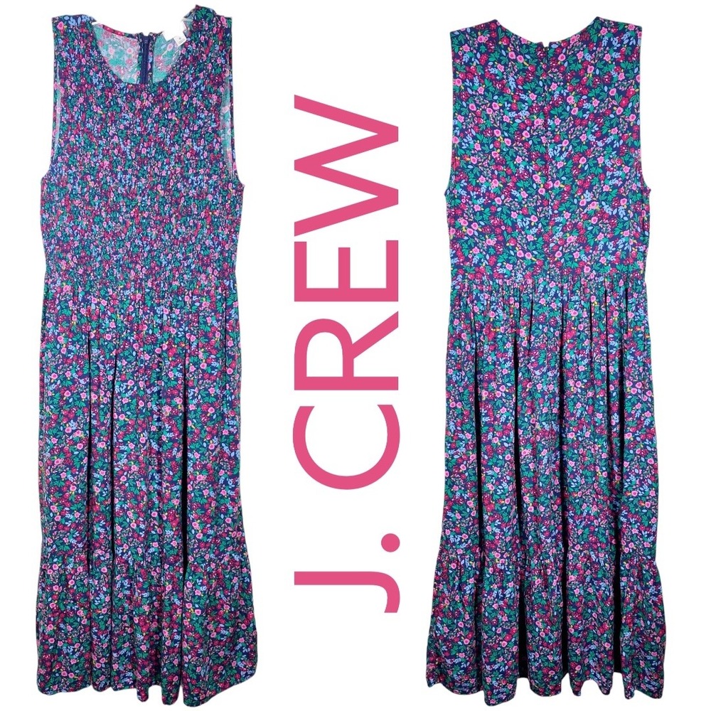 J. Crew Smocked Floral Midi Dress Navy Blue Pink Green Sleeveless Casual Size S